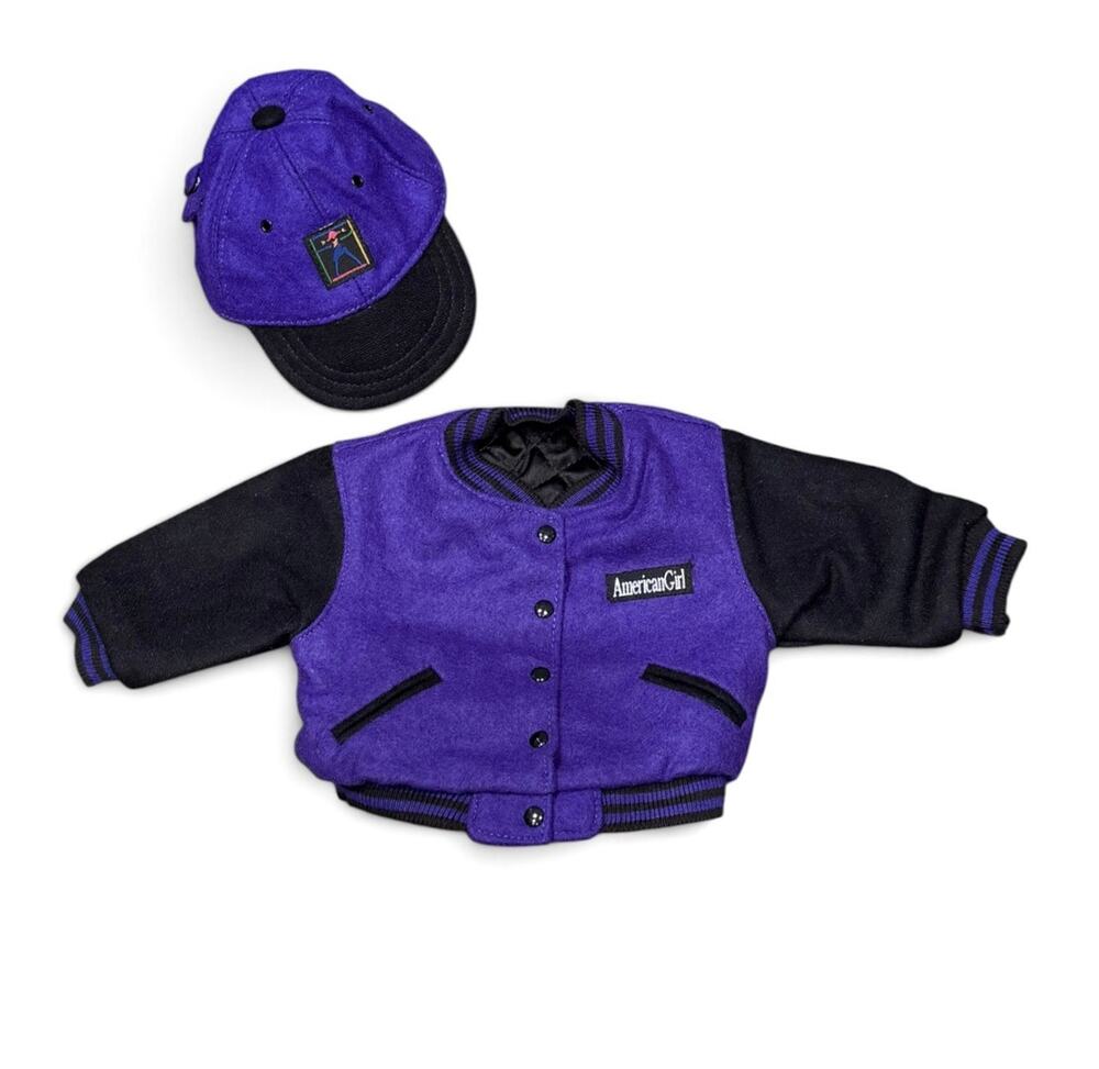 American Girl PC Vintage Purple & Black Varsity Jacket & Baseball Cap 1996